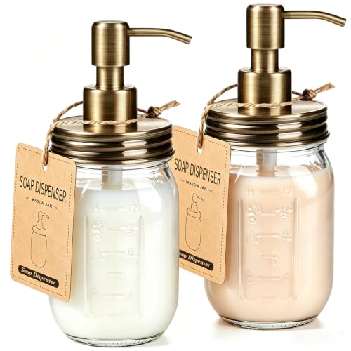 Image of Amolliar Mason Jar Liquid Soap Dispenser, Lotion Dispenser, Brass 2 Pack | 16OZ Glass Soap Dispenser, Stainless Steel Soap Pump Lid, Bathroom Decor, Refillable Hand Soap Dish Soap Dispenser Countertop