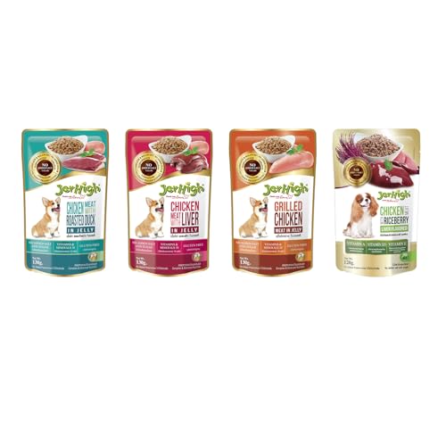 Image of Jerhigh Wet Food for Dog Combo Chicken Meat with Roasted Duck 4pcs, Grilled Chicken Meat 4pcs, Chicken Meat with Liver 4pcs, Chicken with Riceberry Liver Flavor 4pcs in Jelly(16x130g)