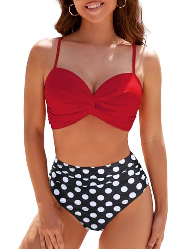Adigaber Damstorlek, tvådelad baddräkt, korsat, blommönster, bikini, badmode, magkontroll, bikiniset, Röd + svart prickig, M