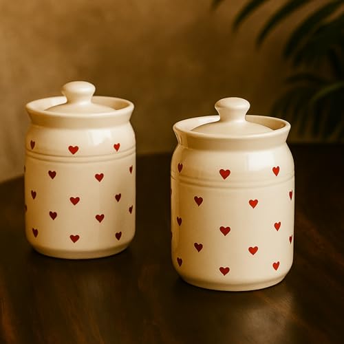 Image of D'Maiolica Ceramic Handmade Pickle Jars In 1000Ml(Set Of 2) | Ceramic Container Set For Kitchen Storage | Pottery Jars For Achar,Spices,Salt,Black (Pack Of 2) (Red & White Heart)