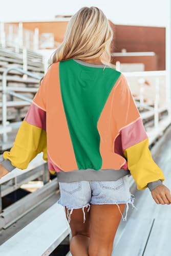 Image of KevaMolly Womens Long Sleeve Tops Colorblock Patchwork Exposed Stitching Oversize Top Round Neck Casual Pullover