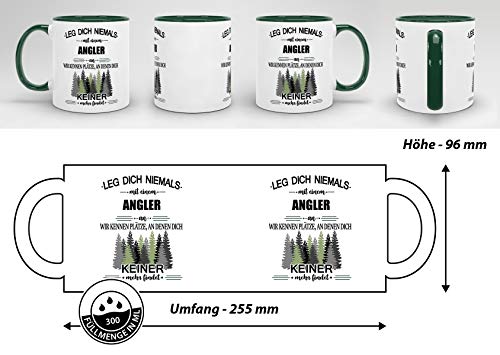 Tassendruck Berufe-Tasse Leg Dich Niemals mit einem Angler an – Geschenk-Idee/Büro/Job/Arbeit/Witzig/Lustig/Innen & Henkel Dunkelgrün - 6