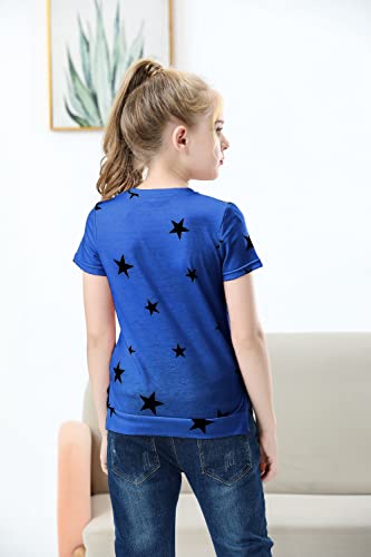 Girls Tops Tees Blouses Crewneck Summer Short Sleeve Shirts Pullover Tops Soft Polyester Color Block Casual Tees 4-13 Years (12-13 Years, Star-Blue) #TOP1