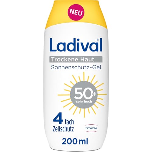 Ladival Loción solar SPF 50+ para piel seca – Crema solar en caso de tendencia a dermatitis atópica, calmante, nutritiva con ácido hialurónico, 4 capas de protección celular, impermeable, 200 ml