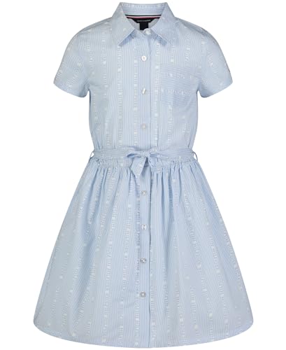 Tommy Hilfiger Vestido de mezclilla ligero de manga corta para niña, cuello con cintura ajustada, Logotipo de rayas, 12-14