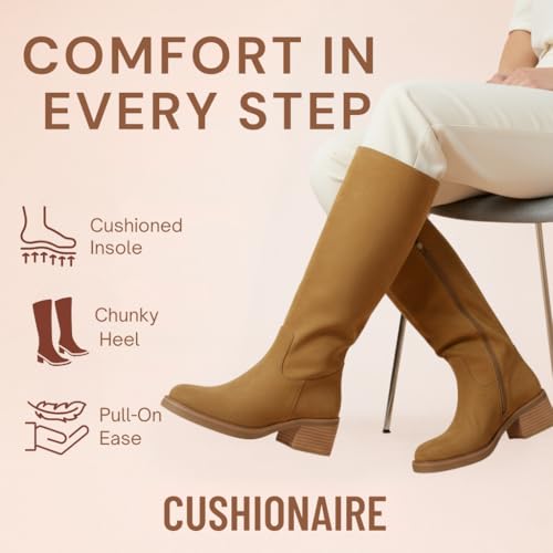 Image of CUSHIONAIRE Sawyer Genuine Leather Tall Chunky Heel Womens Boots - Pull On Casual Knee High Boots for Women