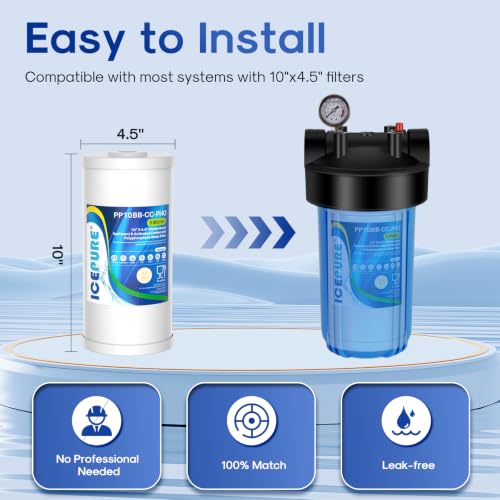 Image of ICEPURE 5 Micron 10 inch x 4.5 inch Whole House Sediment Activated Carbon and Anti Scale Water Filter Compatible with GE FXHTC, GXWH40L, Whirlpool WHKF-GD25BB GXWH35F Dupont WFHD13001 RFC-BBSA W50PEHD, 2PACK