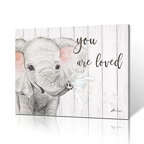 Image of B BLINGBLING Elephant Nursery Canvas Wall Art: Blush Pink and Grey Baby Elephant Wall Art Prints You Are Loved Inspirational Quote Poster Cute Animal Picture for Baby Kids Room Decor Framed 16"x12"
