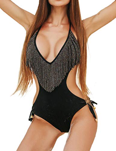 Bañador sexy para mujer, monokini bikinis hueco, con flecos, espalda descubierta. Negro...