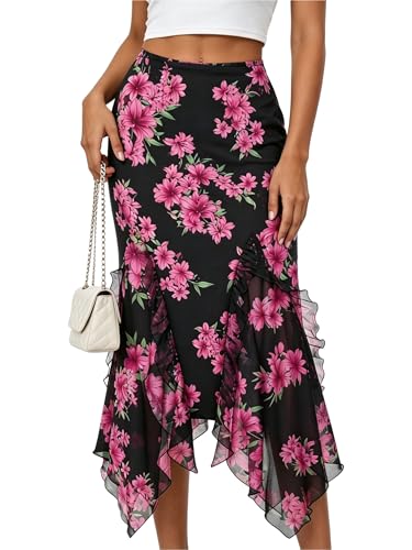 ZhouBoat Women's Floral Mesh Midi Skirt High Waist Fishtail Flowy Skirt