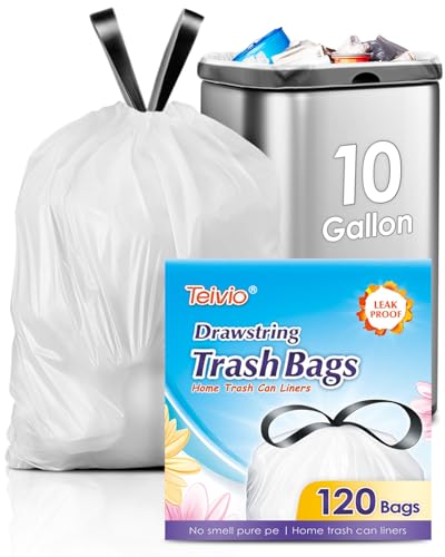 10 Gallon 120 Counts Strong Drawstring Trash Bags Garbage Bags by Teivio Bathroom Trash Can Bin Liners Plastic Bags for home office kitchen White