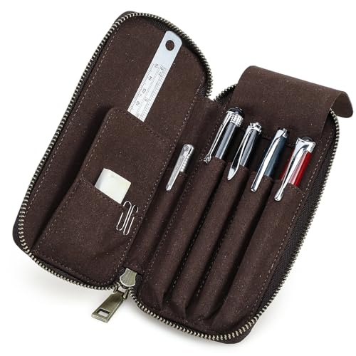 CONTACTS Skórzane etui na długopisy z 4 przegródkami, zapięcie na zamek błyskawiczny, organizer na ołówki, kieszenie, torba na artykuły pa dla mężczyzn/kobiet vintage etui na długopisy