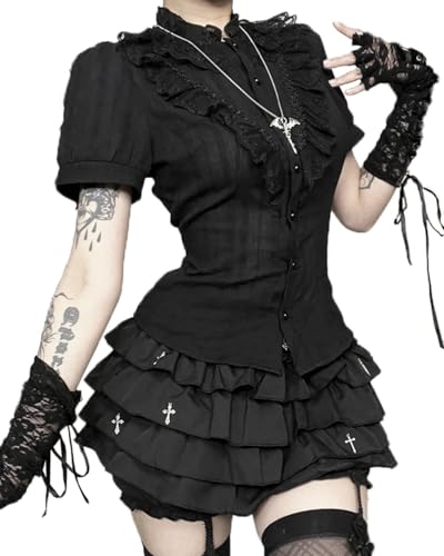 Image of DINGJIUYAN Gothic Y2k Tops for Women - Black Victorian Blouse Short-Sleeved Top Lace Stand Collar Ruffled Shirts