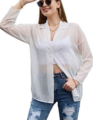 Yya Women's Button Front Long Sleeve Mesh Shirt See Through Sheer Drop-Shoulder V Neck Blouse Tops,White #TOP3