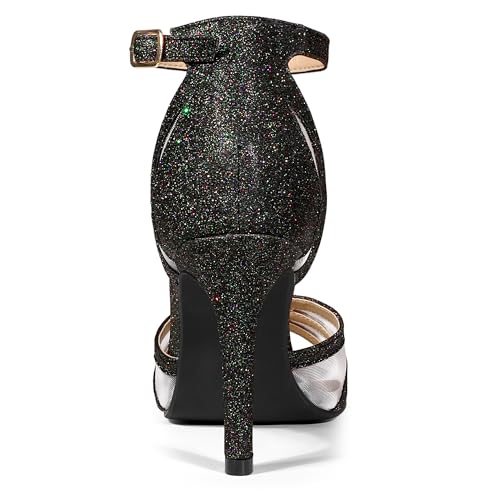 Allegra K Women's Glitter Ankle Strap Black Stiletto Heels Sandals 8.5 m US