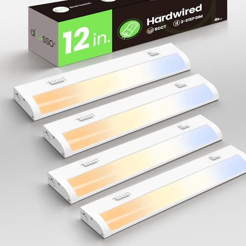 Image of ALUSSO 12 Inch LED Under Cabinet Lighting Hardwired 120V, 5CCT Color Selectable 2700K-5000K Dimmable 6W 480LM High Brightness, CRI 90+ Strip Linkable Under Counter Lights for Kitchen Sink, 4 Pack