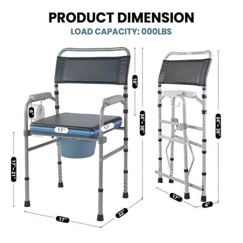 Medwarm Folding Bedside Commode, Height Adjustable Toliet Chair for Seniors with Padded Seat and Arms, Portable Potty Shower Chair for Elderly Handicap Adult