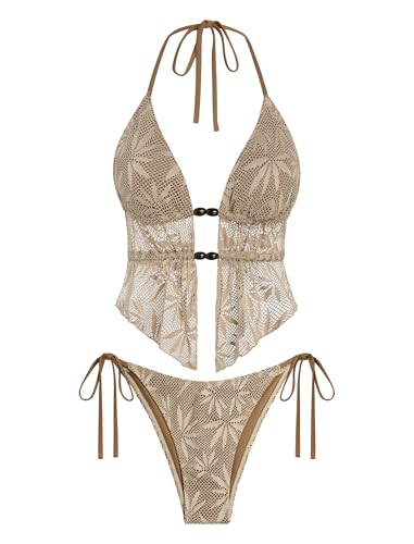 Image of ZAFUL Halter Swimsuits for Women Textured Backless 2 Piece Bathing Suits Cheeky High Cut String Tie Side Bikini Sets