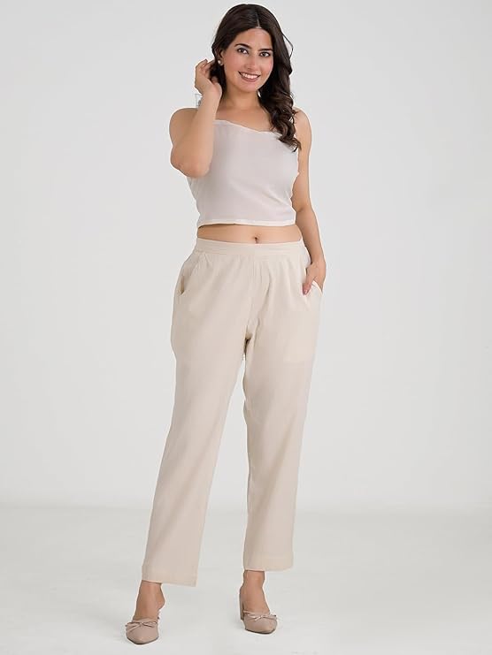 Image of Women's Solid Straight Fit Cotton Trousers | Slim Fit | Trousers for Women | Casual & Office Wear Bottom for Daily
