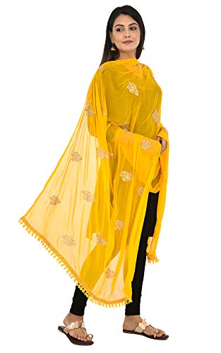 Image of YOUTHQUAKE Golden Patti Embroidered Work Chiffon Dupatta for Womens & Girls with Jaalar Lace