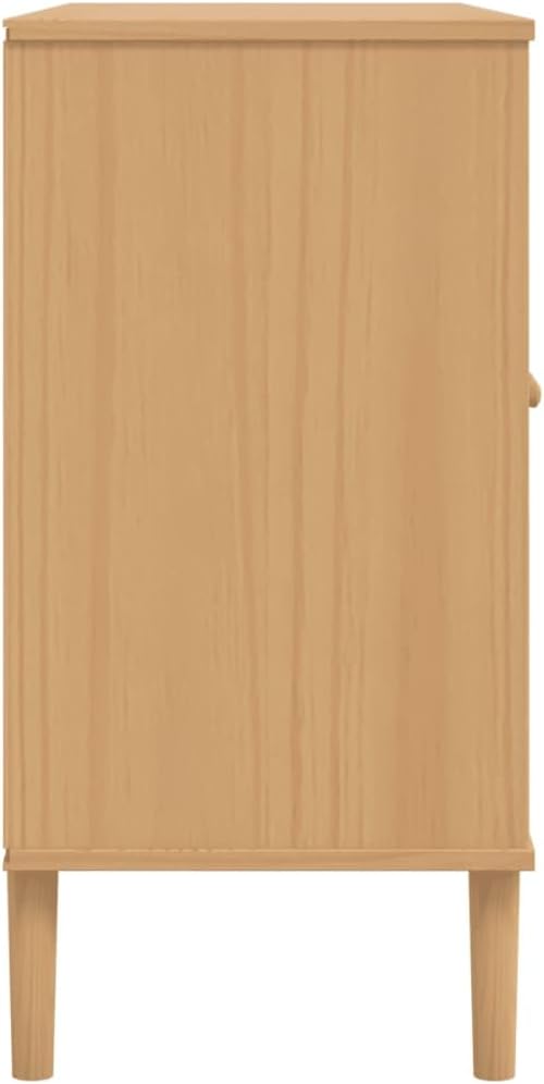 Brown Sideboard with Rattan Look, Solid Pine and Engineered Wood, 5 Compartments for Ample Storage, Modern Buffet Cabinet for Dining Room Living Room Hallway