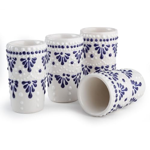 Image of Talavera Shot Glasses Set of 4 Authentic Mexican Tequila Shot Glasses - Hand-painted - 2 Oz (Cascada Cenote Blue)