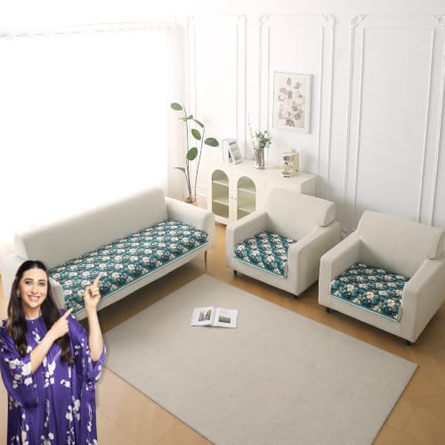 Image of HOKIPO 'Florentina Series' Premium Holland Velvet 5 Seater Sofa Cover Mat in 3+1+1 Configuration with Foam Filling for Extra Softness, Anti-Slip Backing, Pansies Teal (IN-881+878 * 2-V5)