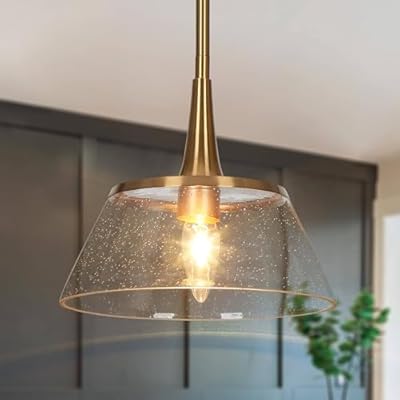 KSANA Gold Pendant Lights Kitchen Island, 1-Light Brass Kitchen Pendant Lighting Over Island with Seeded Glass Shade, Modern Replica Electroplated Copper Pendant Light Fixtures