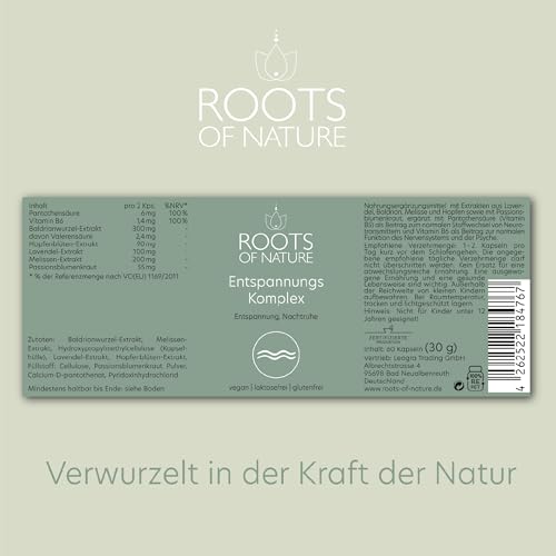 ROOTS OF NATURE Entspannungskomplex – 60 vegane Kapseln – Mit Baldrian, Melisse, Lavendel, Hopfen & Passionsblume
