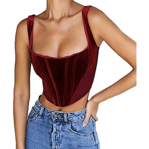 Women Push Up Bustier Velvet Corset Crop Top Corsette Clubwear Slim Strappy Camisole Tee Party Outwear (Red, S) Cover