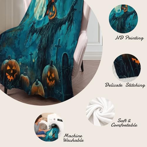 Couverture Halloween en flanelle bleu-vert au design d'horreur raffiné