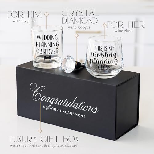 Newlywoo Wedding Planning Glass Engagement Gifts for Couples - Wine Whiskey Fiance Gift for Her and Him - Newly Engaged Couple Unique Glasses with Diamond Wine Stopper by Newlywoo - Used condition - Image 2
