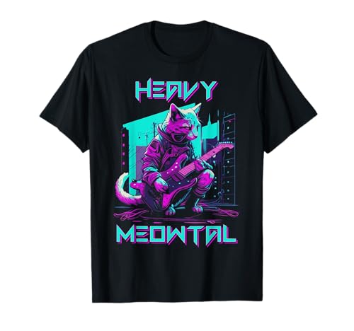 Vaporwave 80s Cat Playing Guitar Cyberpunk Meowtal T-Shirt