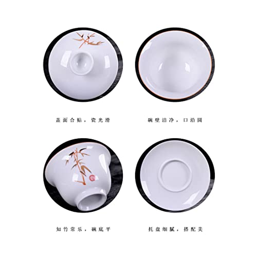 Porcelain Gaiwan 8Oz Teacup White Glazed Tureen Chinese Sancai Cover Bowl Lip Cup Saucer Set (Bamboo) #TOP5