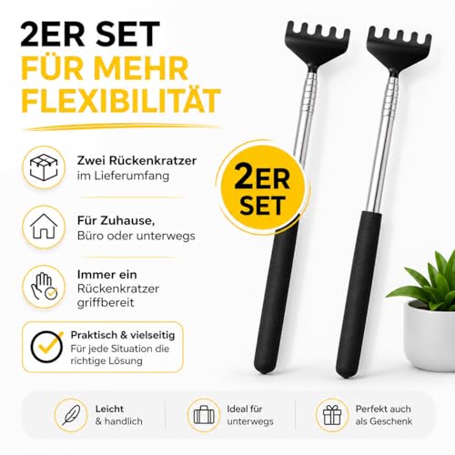 Back Massage 2er Rückenkratzer - stabil & ausziehbar - Teleskopstab mit breiter Kratzhand gegen Juckreiz - Massagegerät als Rückenkrauler