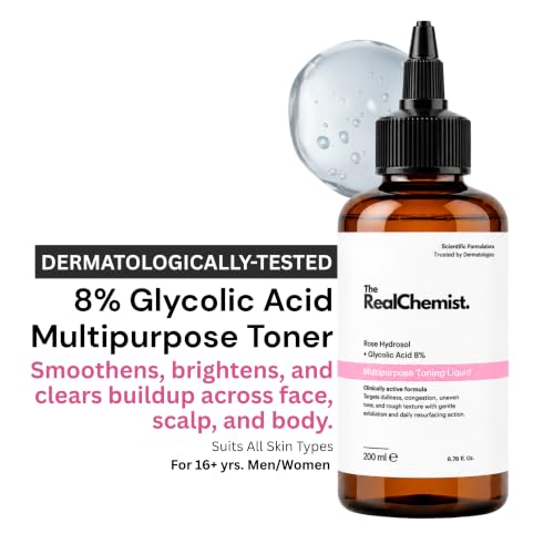 Image of 8% Glycolic Acid Toner | AHA Exfoliating Toner for Face, Scalp & Body | Fades Dark Spots, Evens Skin Tone | Rose Hydrosol | All Skin Types | 200ml