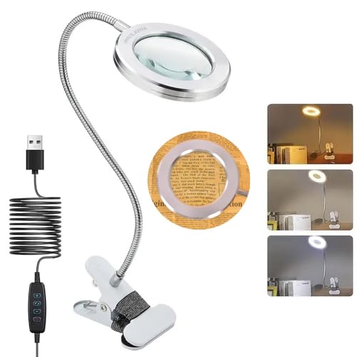 Image of BROLAVIYA Overhead 5X Magnifying Glass with 12cm Led Light, 3 Color Modes Dimmable, Flexible Hose Metal Arm, Magnifier Desk Lamp for Crafts, Makeup, Reading, Photography - Silver