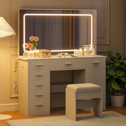 Garvee Vanity Desk with Mirror and Lights, White Makeup Vanity with 7 Drawers, 3 Light Mode and Brightness Adjusted, Dressing Table with Hairdryer Holder for Bedroom, White