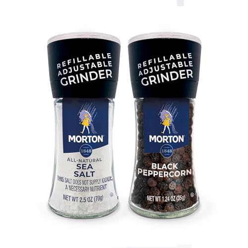 Morton Grinder Set - Sea Salt (2.5 oz) & Black Peppercorn (1.25 oz), 2-Pack, Adjustable & Refillable, Perfect for Cooking, Seasoning, and Finishing