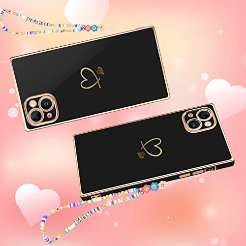Newseego for iPhone 14 Plus Case, Luxury Cute Plating Black Gold Love Heart Pattern Phone Case with Cute Chain for Women Girls Soft TPU Full Camera Lens Protection Cover for iPhone 14 Plus-Black by Newseego - Image 5