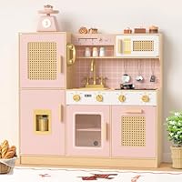 Babytronic Wooden Kitchen Playset for Kids - Pink Pretend Play Kitchen with Lights & Sounds, Retro Style Toy Kitchen for Toddlers Ages 3+, Wooden Play Kitchen Set with Realistic Design (Pink)