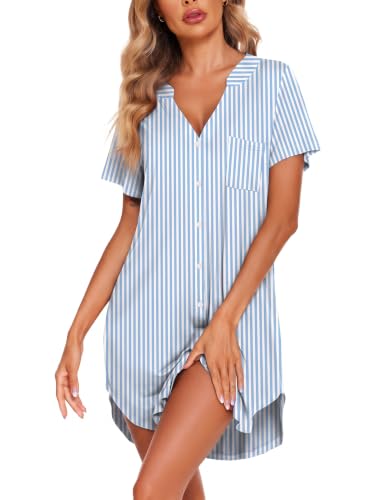 Image of Ekouaer Nightgowns for Women Button Down Sleepshirts V Neck Sleep Dress | Soft Loose Sleep Shirt with Split Hem for Sleep, Lounging, Labor, Maternity, Hospital, and Relaxed Nursing Access at Home