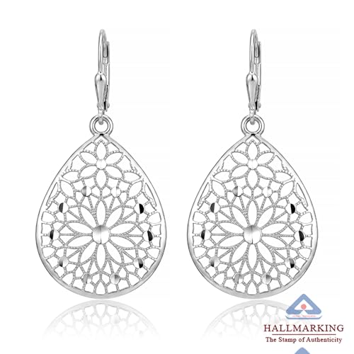 Image of TRUESILVER ACPL 925 Sterling Silver BIS Hallmarked Designer Drop & Dangle Leverback Earrings for Women