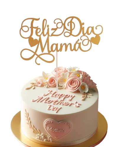 LewkHip Feliz Día Mama Cake Topper - Golden Glitter Heart-shaped Cake Topper Decoration for Mother's Day Party Supplies