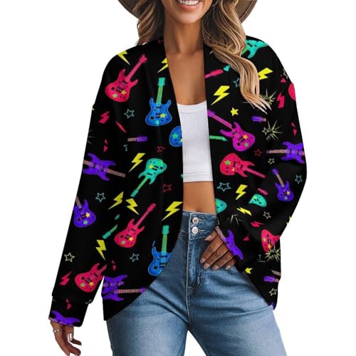 Women's Comfy Trippy Neon Electric Guitars Outwear Long Sleeve Open