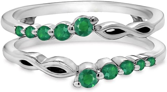 Round Cut Green Emerald Wedding Band Enhancer Guard for Women, 14K White Gold Finish 925 Silver Ladies Green Emerald Wrap Ring