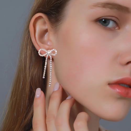 Bow Earrings for Women Rhinestone Long Tassel Earrings Ribbon Bow Drop Earring Silver Stainless Steel Dangle Earrings Cute Sparkly Jewelry4