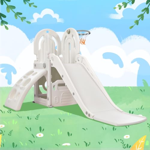4 in 1 Toddler Climber and Slide Set, Kids Playground Climber Freestanding Slide Playset with Basketball Hoop Play Combination for Babies Indoor & Outdoor 3+ (Grey)