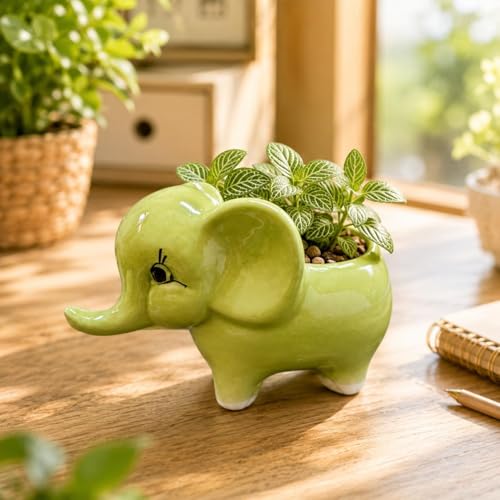 Image of Ceramic Elephant Succulent Planter - Cute Animal Shaped Flower Pot for Indoor Plants, Home Decor, Office Desk & Balcony - Small Green Decorative Bonsai Pot (Single Piece)
