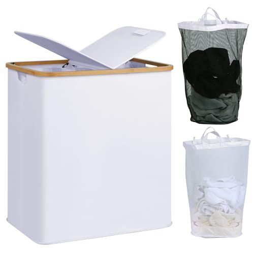 efluky Laundry Hamper with Lid, Double Laundry Hamper with 2 Removable Bags, 2 Section Laundry